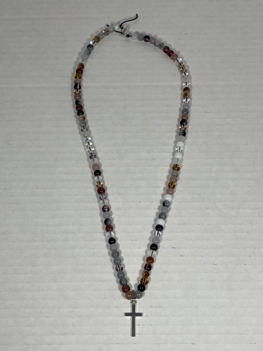 Silver Cross Black/Brown/White Glass Bead Necklace ~23 inches
